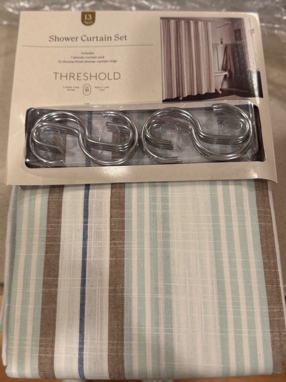 Threshold 13pc Textured Stripe Shower Curtain Set Green 72x72 Cotton NWT